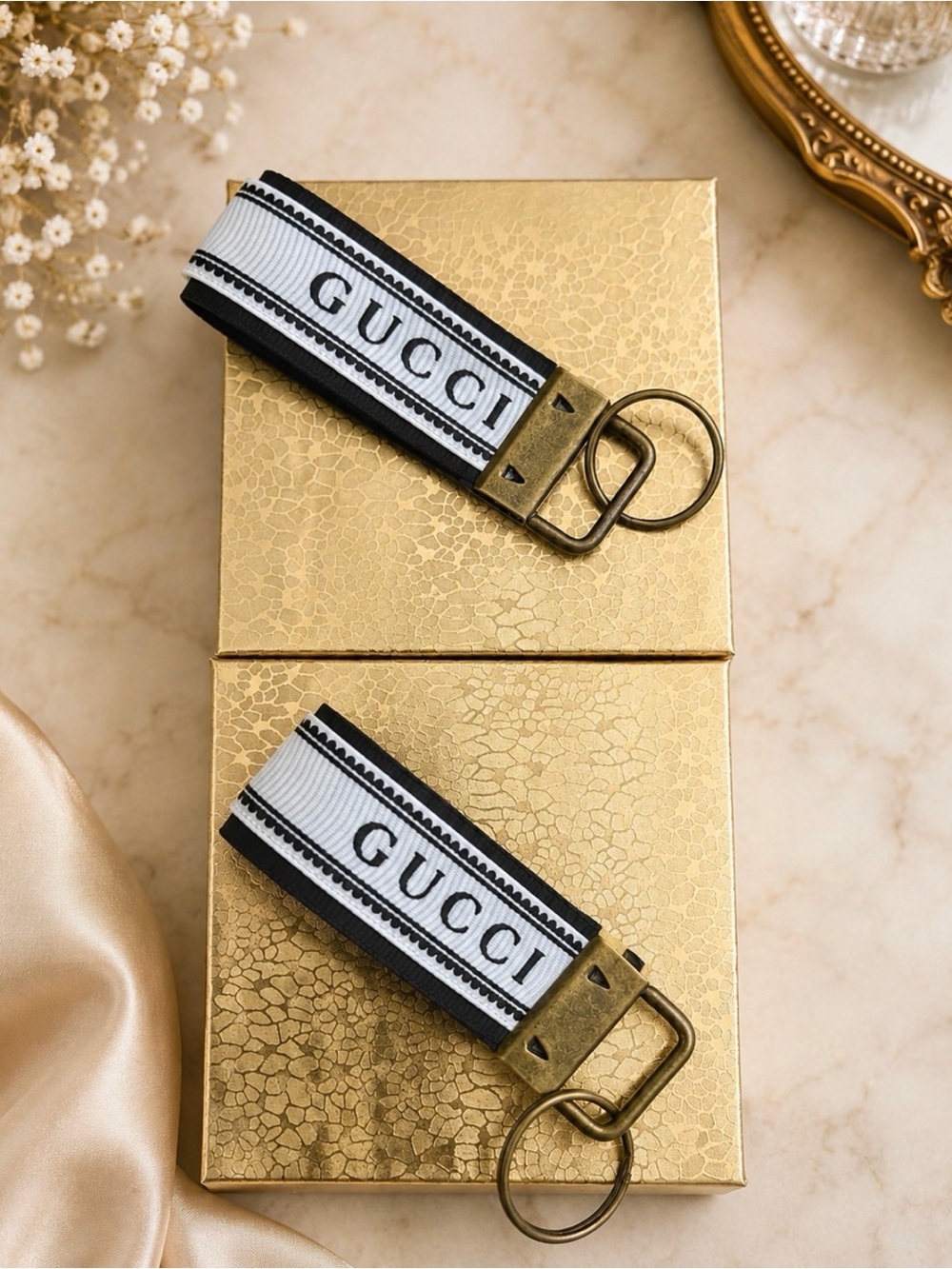 2 Handcrafted Authentic Upcycled Gucci Ribbon Keychain Set - Picture 3 of 3